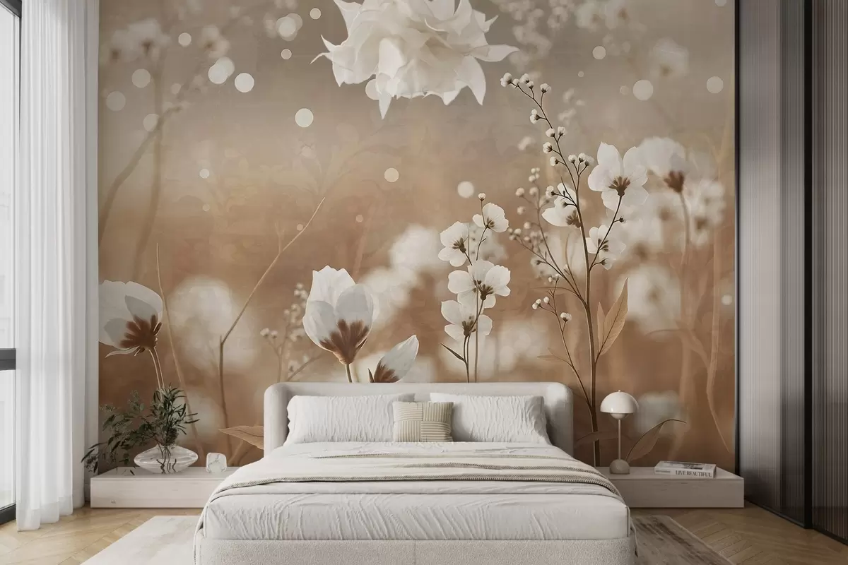 murales de pared Flores blancas con tallos y hojas marrones en un campo, efecto bokeh, paleta de colores cálidos, elegante obra de arte inspirada en la naturaleza w09135
