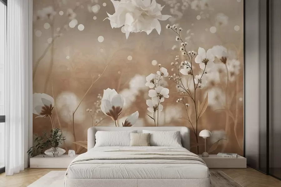 murales de pared Flores blancas con tallos y hojas marrones en un campo, efecto bokeh, paleta de colores cálidos, elegante obra de arte inspirada en la naturaleza w09135