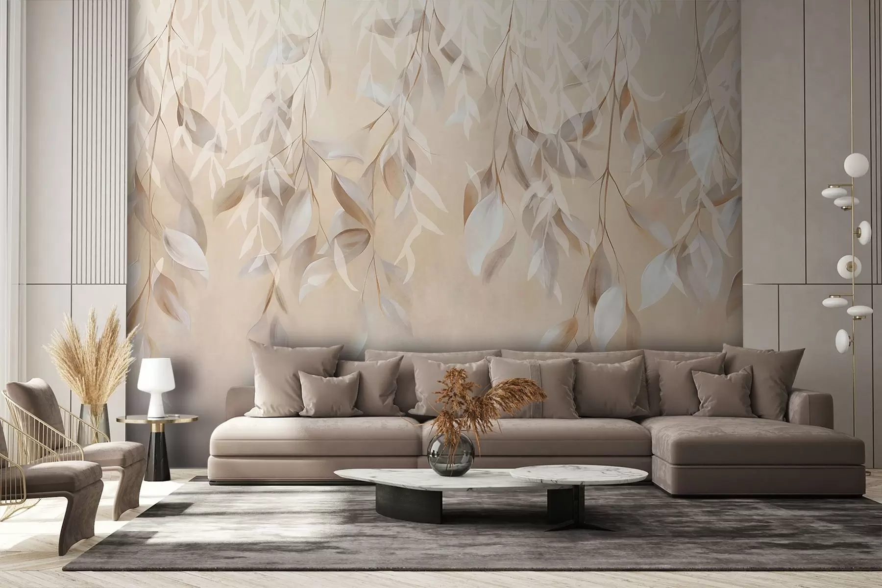 murales de pared Hojas colgantes de textura blanca y beige con una suave paleta de colores, melocotón, gris y blanco delicado de fondo  w09136
