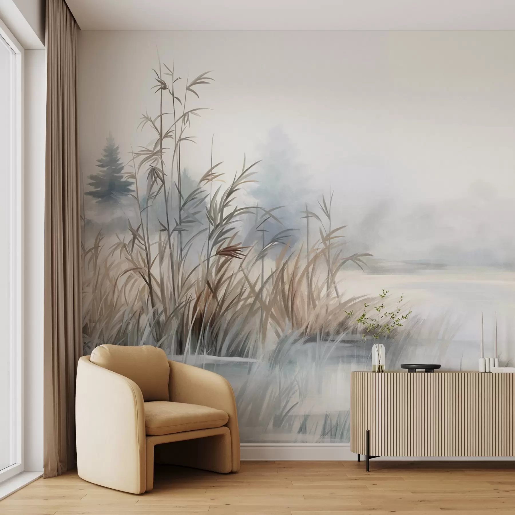 murales de pared Paisaje texturizado de un lago con hierbas altas en primer plano, azul suave y marrón, agua tranquila, árboles en la distancia w09137