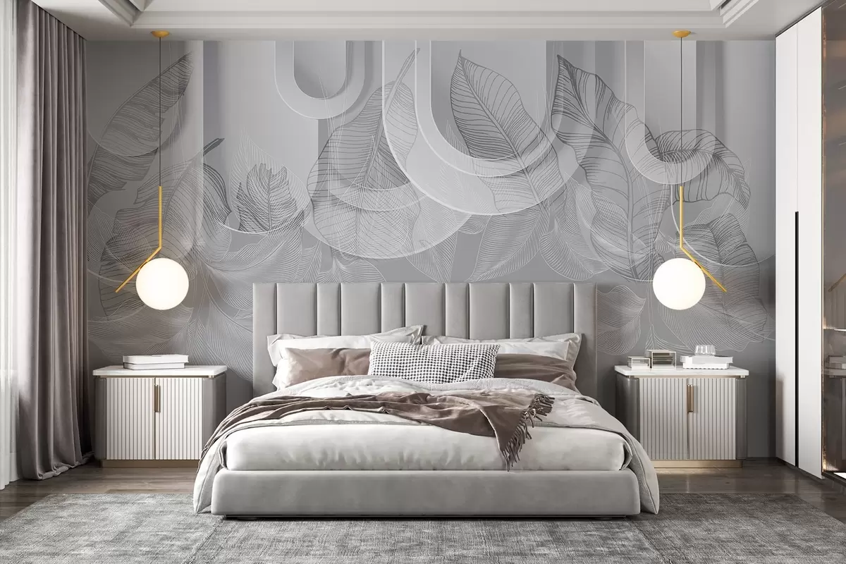 murales de pared Fondo abstracto con arcos grises y hojas tropicales blancas, diseño minimalista, elegante y moderno, paleta de colores neutros w09138