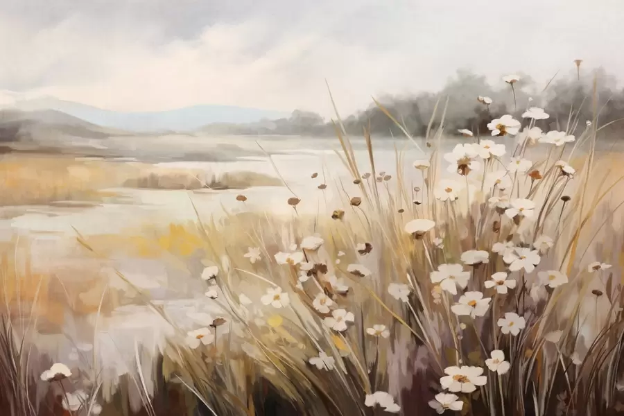 murales de pared Campo de hierba alta y margaritas blancas, árboles al fondo, bajo un cielo nublado, paisaje con textura, pinceladas suaves w09139