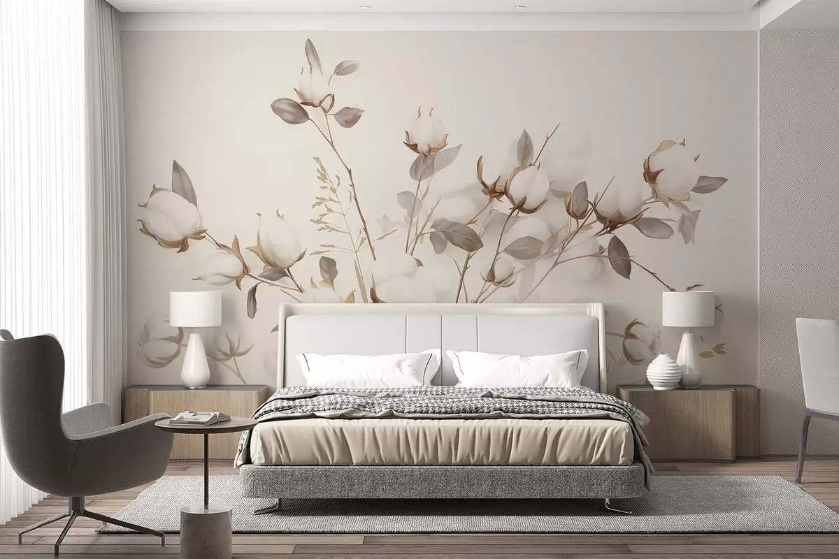 murales de pared Flores de algodón con tallos y hojas en una paleta de color marrón claro, fondo beige, suave y delicado, estilo acuarela w09141