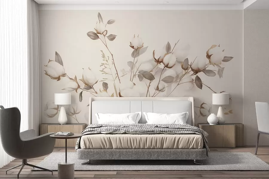 murales de pared Flores de algodón con tallos y hojas en una paleta de color marrón claro, fondo beige, suave y delicado, estilo acuarela w09141