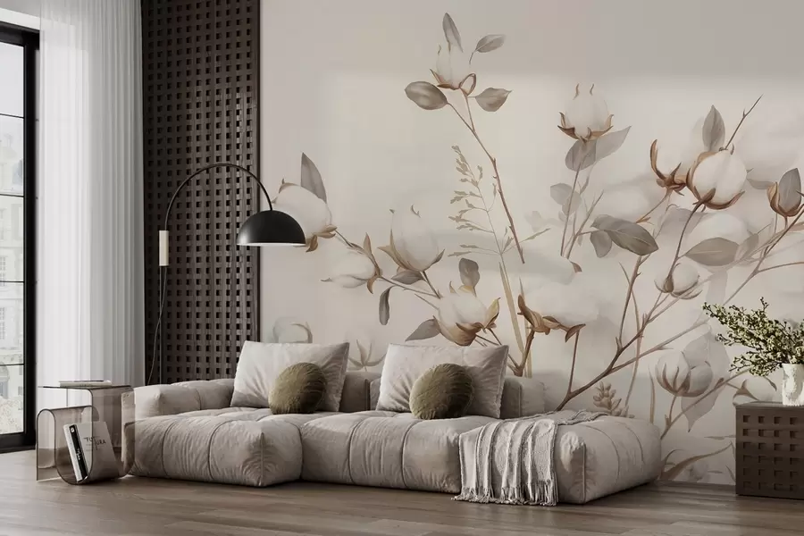murales de pared Flores de algodón con tallos y hojas en una paleta de color marrón claro, fondo beige, suave y delicado, estilo acuarela w09141