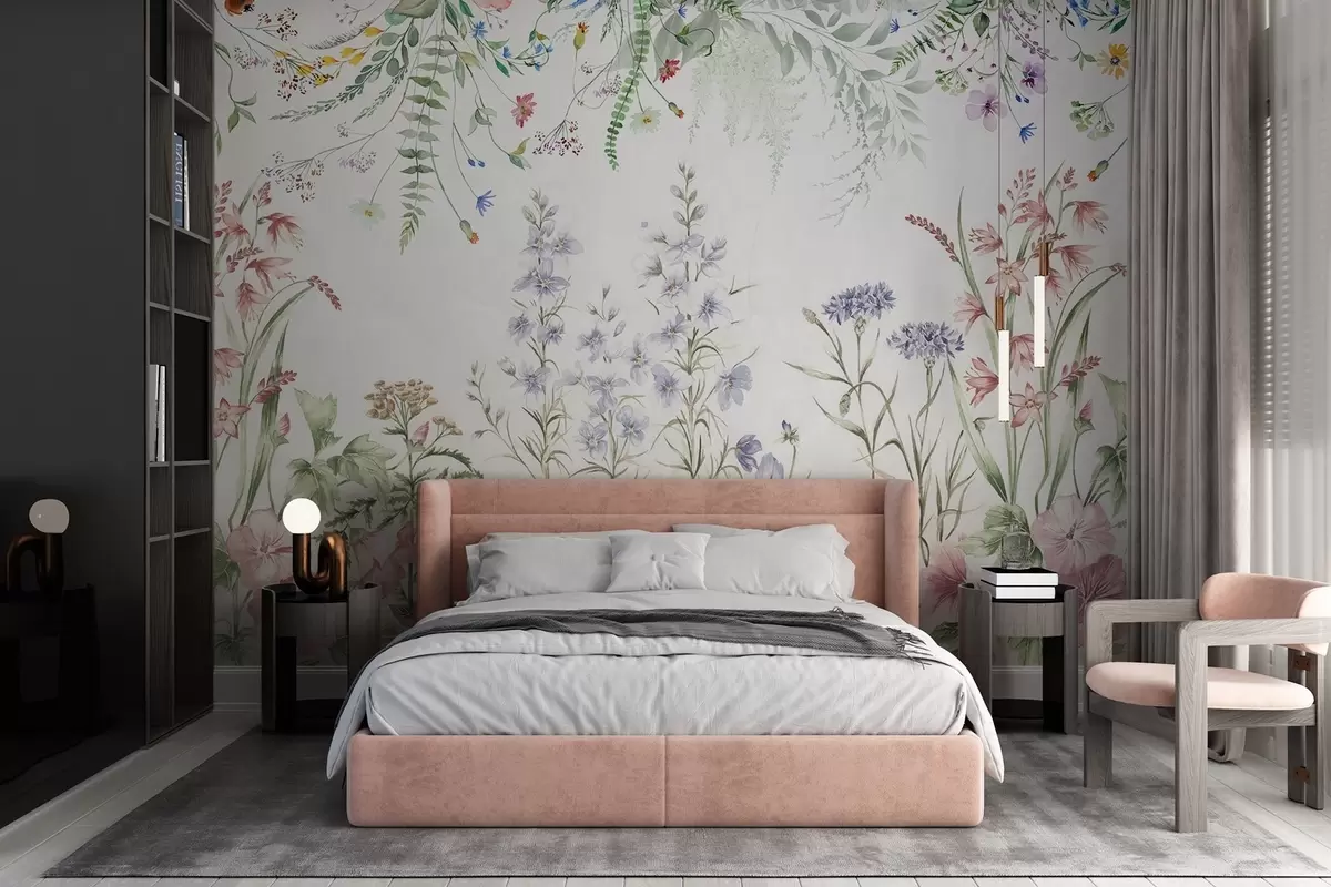 murales de pared Arreglo floral de textura con flores de colores y hojas verdes, ilustración botánica , colores pastel suaves, estilo vintage w09143