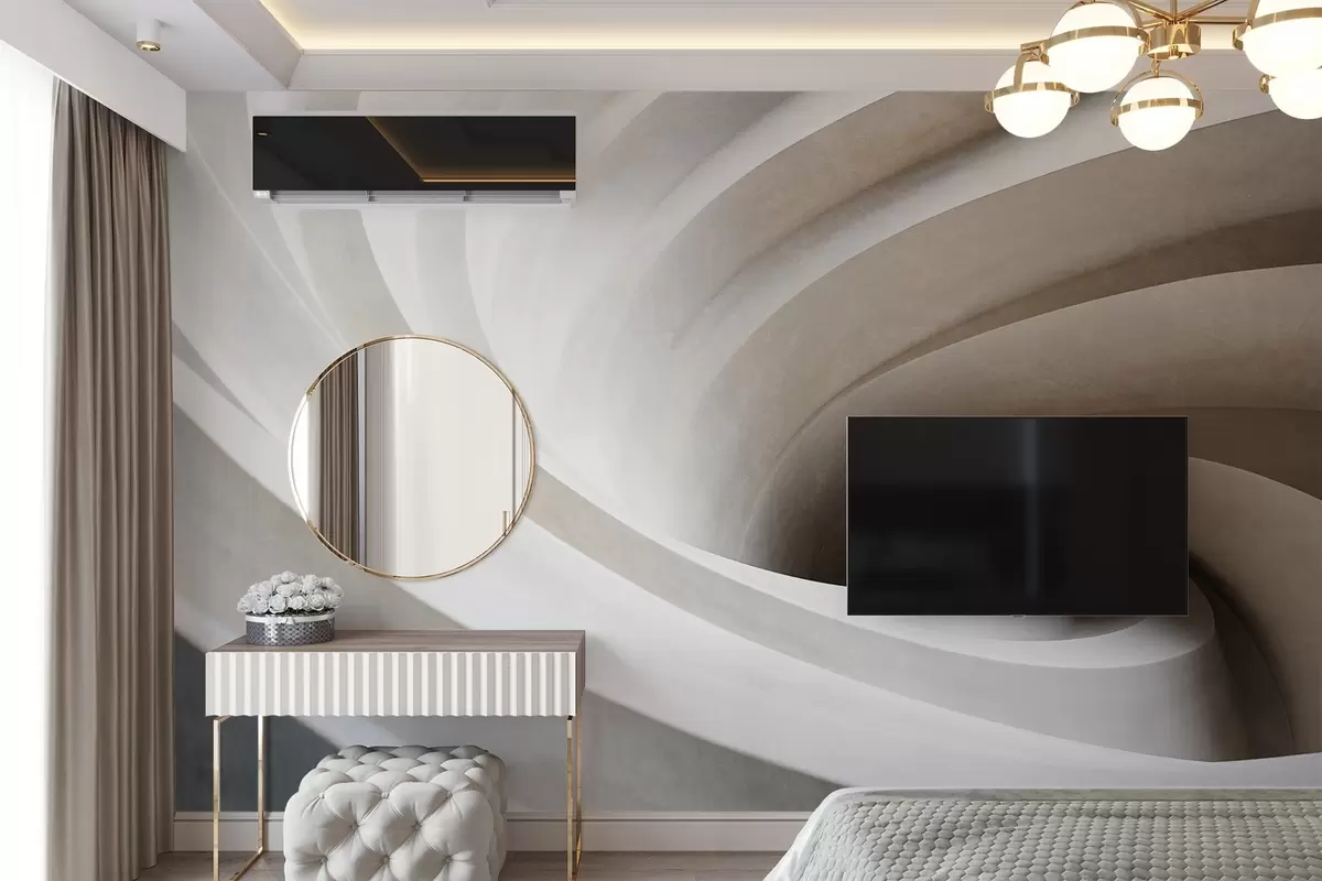 murales de pared Remolino abstracto texturizado de capas blancas y beige, creando un efecto de vórtice, composición dinámica, diseño minimalista moderno w09144