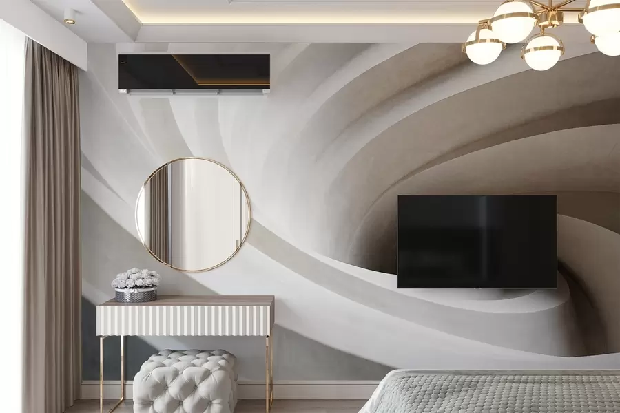 murales de pared Remolino abstracto texturizado de capas blancas y beige, creando un efecto de vórtice, composición dinámica, diseño minimalista moderno w09144