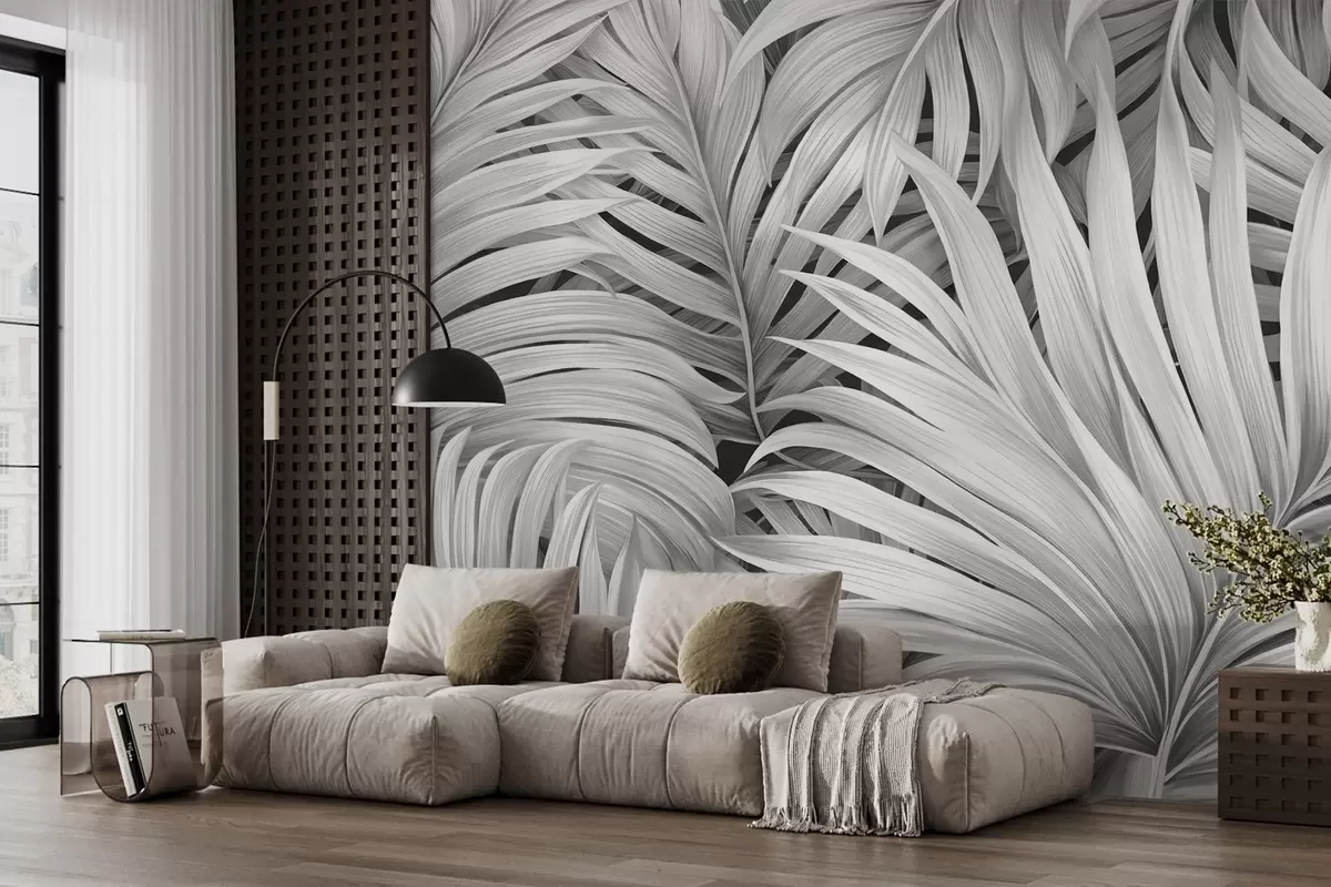 murales de pared Hojas de palmera tropical con textura monocromática, creando un estampado tropical y botánico w09145