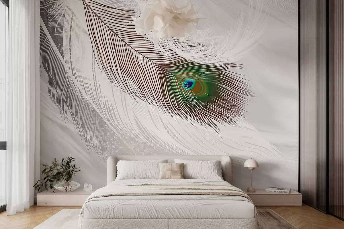 murales de pared una gran pluma de pavo real entre las plumas w03961