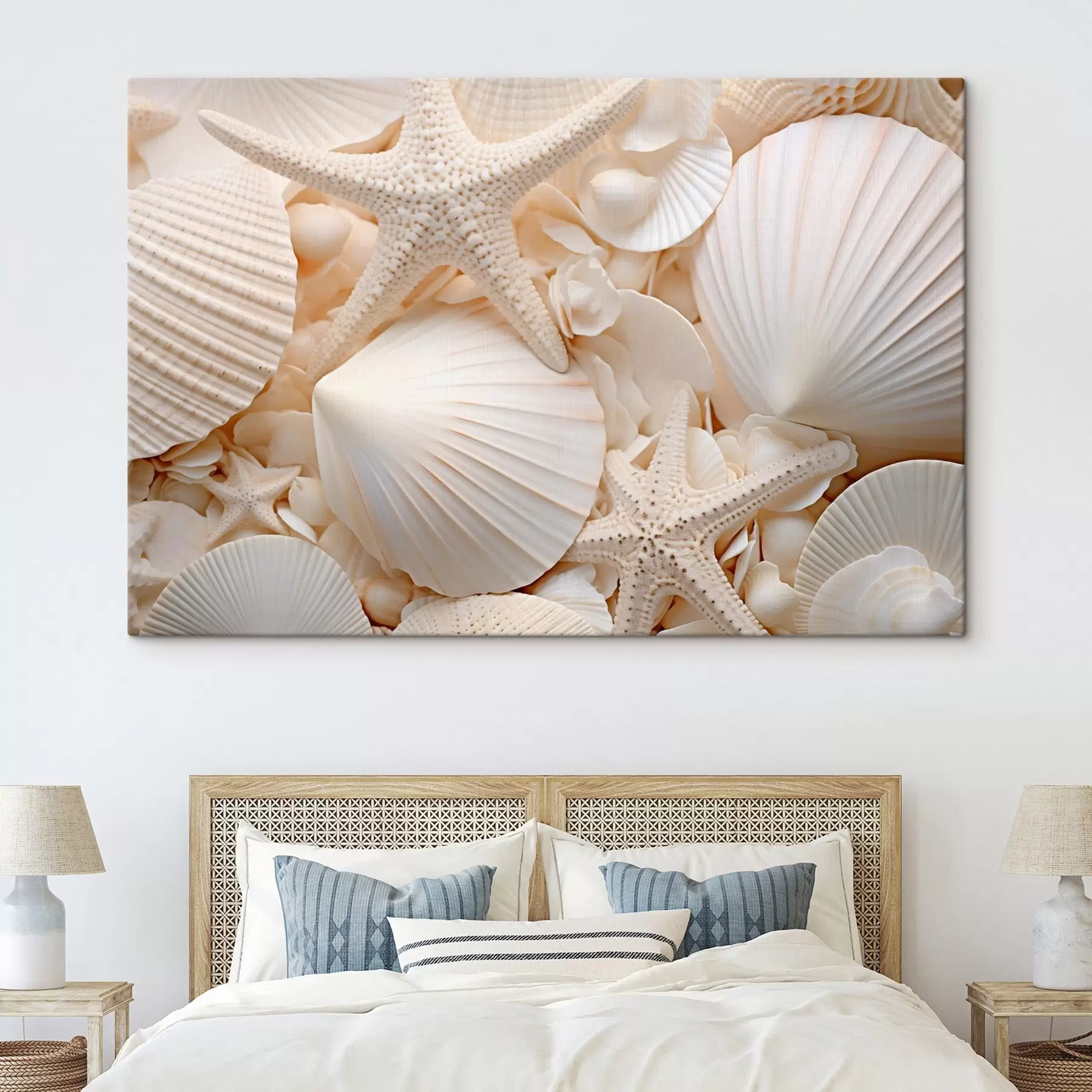 murales de pared Conchas y estrellas de mar blancas decorativas, que crean una composición monocromática con textura s44392