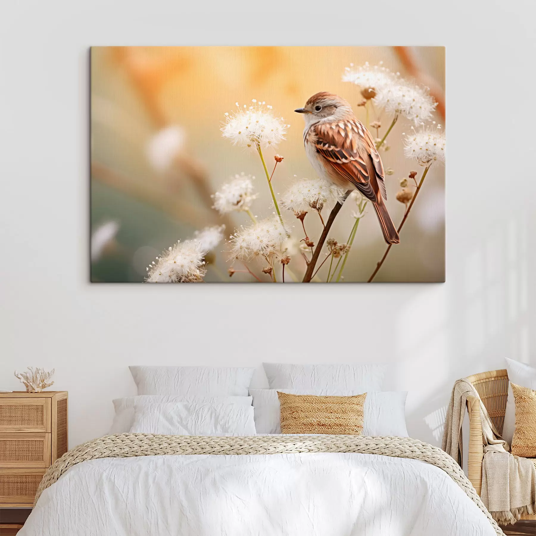 murales de pared Un pájaro posado en una rama con flores blancas, enfoque suave, fondo de naturaleza s44393