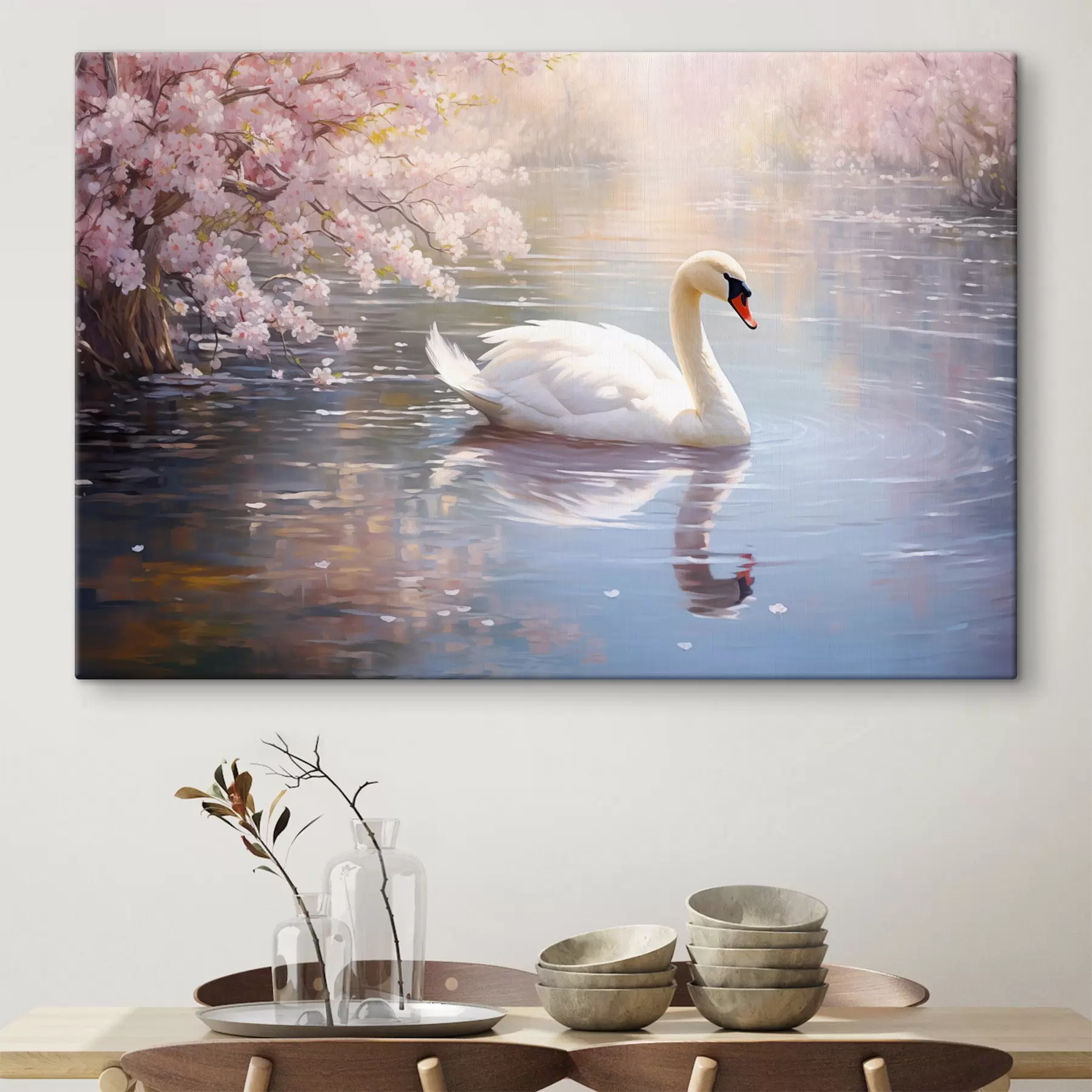 murales de pared Un cisne blanco nadando en un lago con cerezos en flor, colores pastel s44396