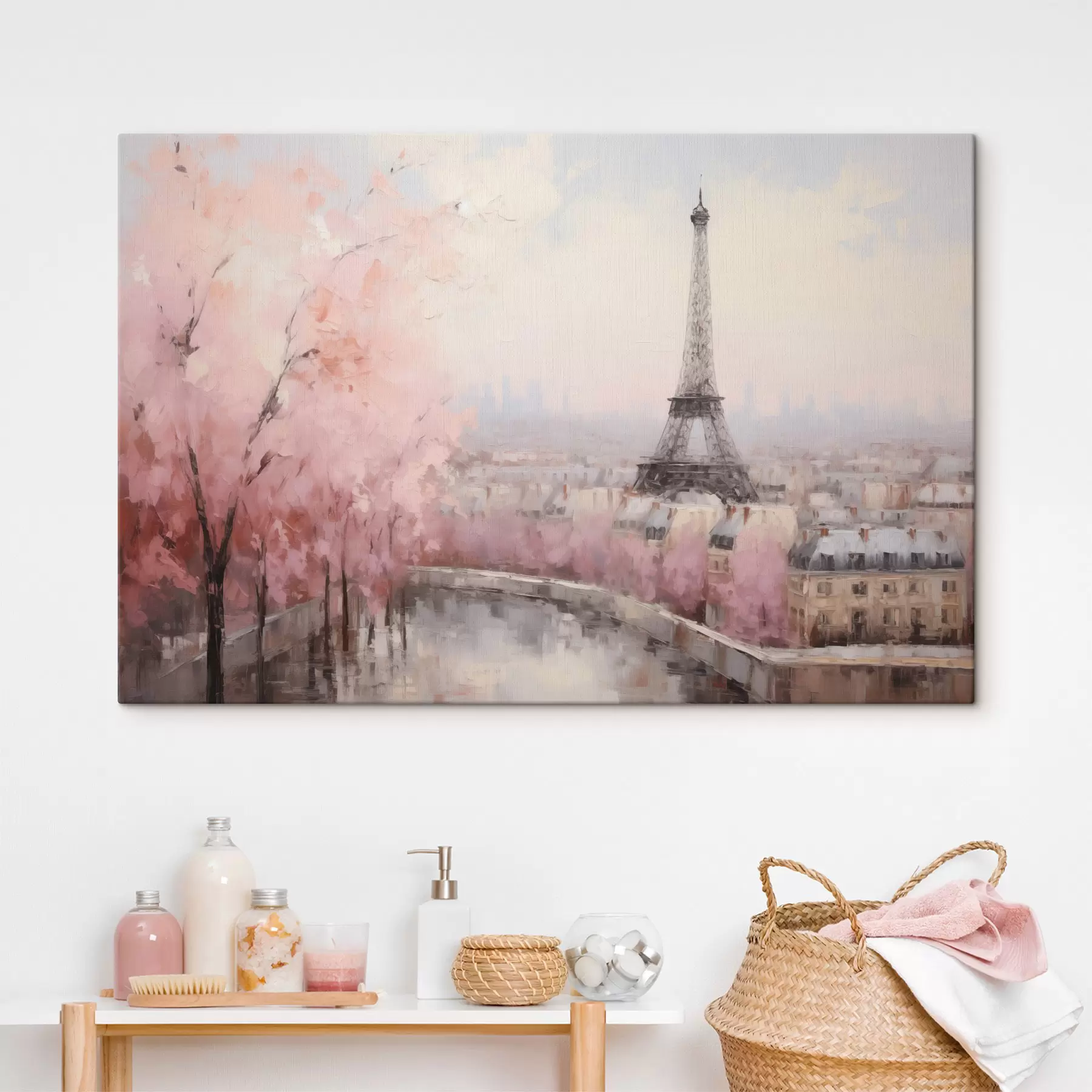 murales de pared Torre Eiffel en París con cerezos en flor en primavera, suaves colores pastel s44398