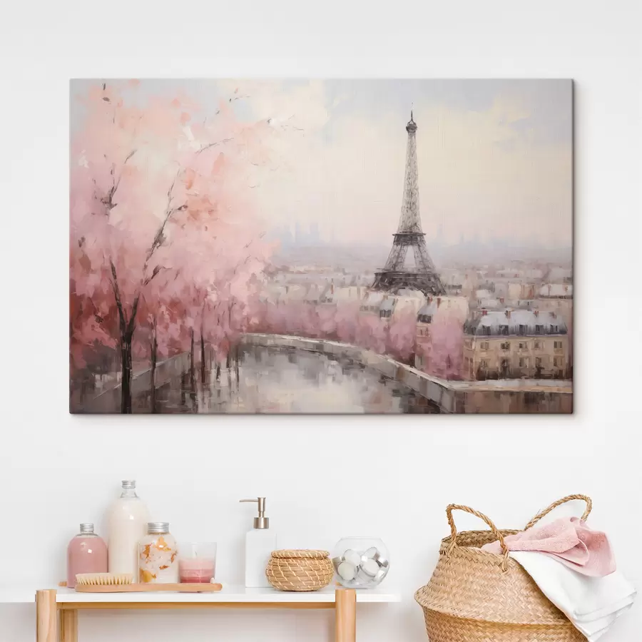 murales de pared Torre Eiffel en París con cerezos en flor en primavera, suaves colores pastel s44398