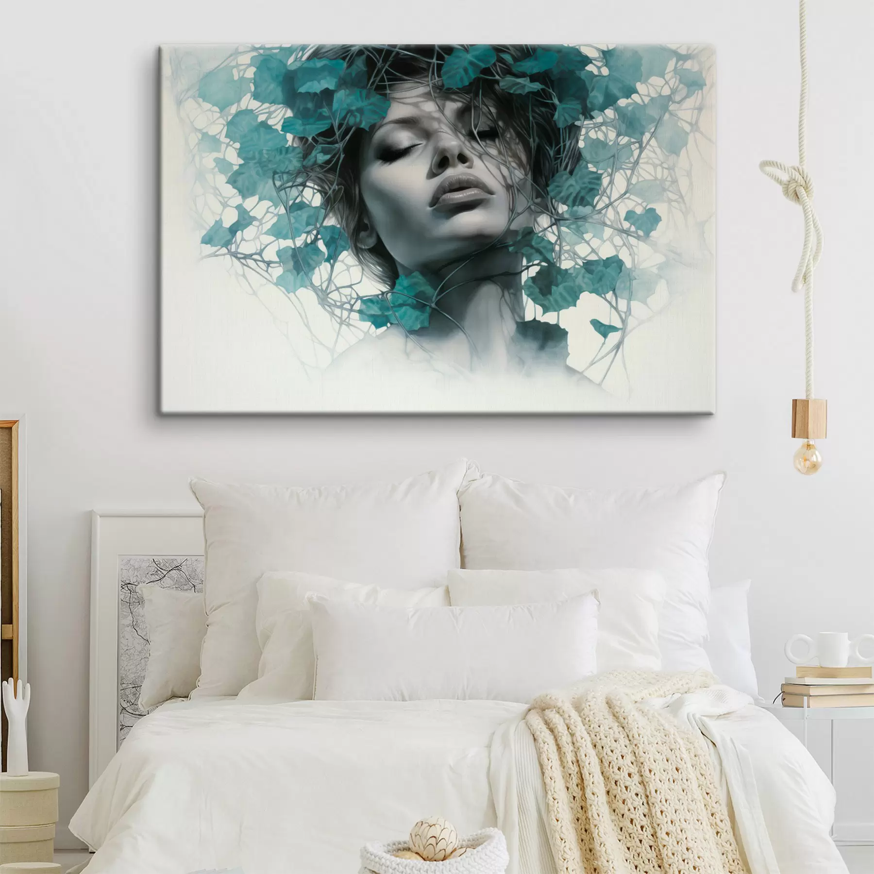 murales de pared Retrato de una mujer con los ojos cerrados, rodeada de hojas y ramas verdes s44399