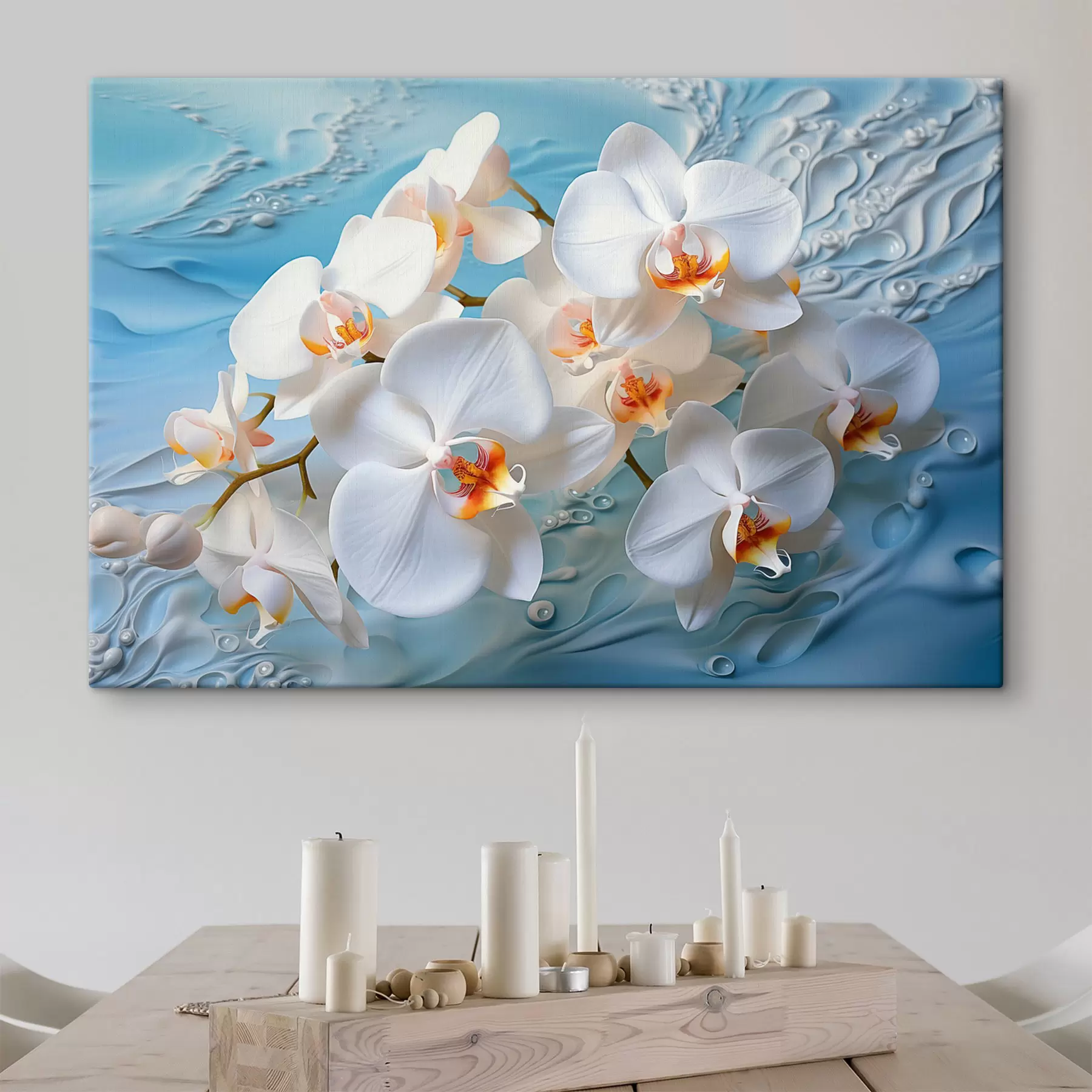 murales de pared Orquídeas blancas, dispuestas sobre una superficie azul claro con gotas de agua, iluminación suave s44401