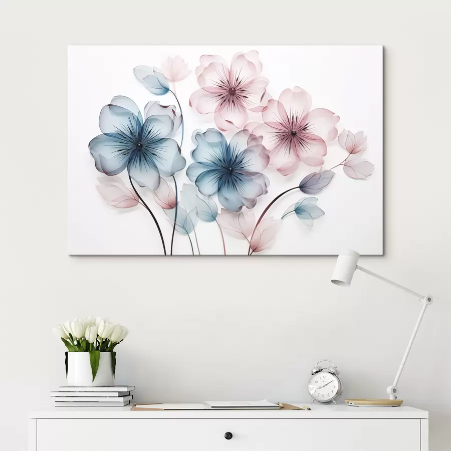 murales de pared Flores translúcidas de color rosa y azul apagados con estambres y tallos visibles s44405