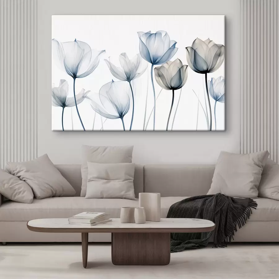 murales de pared Tulipanes azules y blancos translúcidos con tallos largos, sobre fondo blanco liso s44409