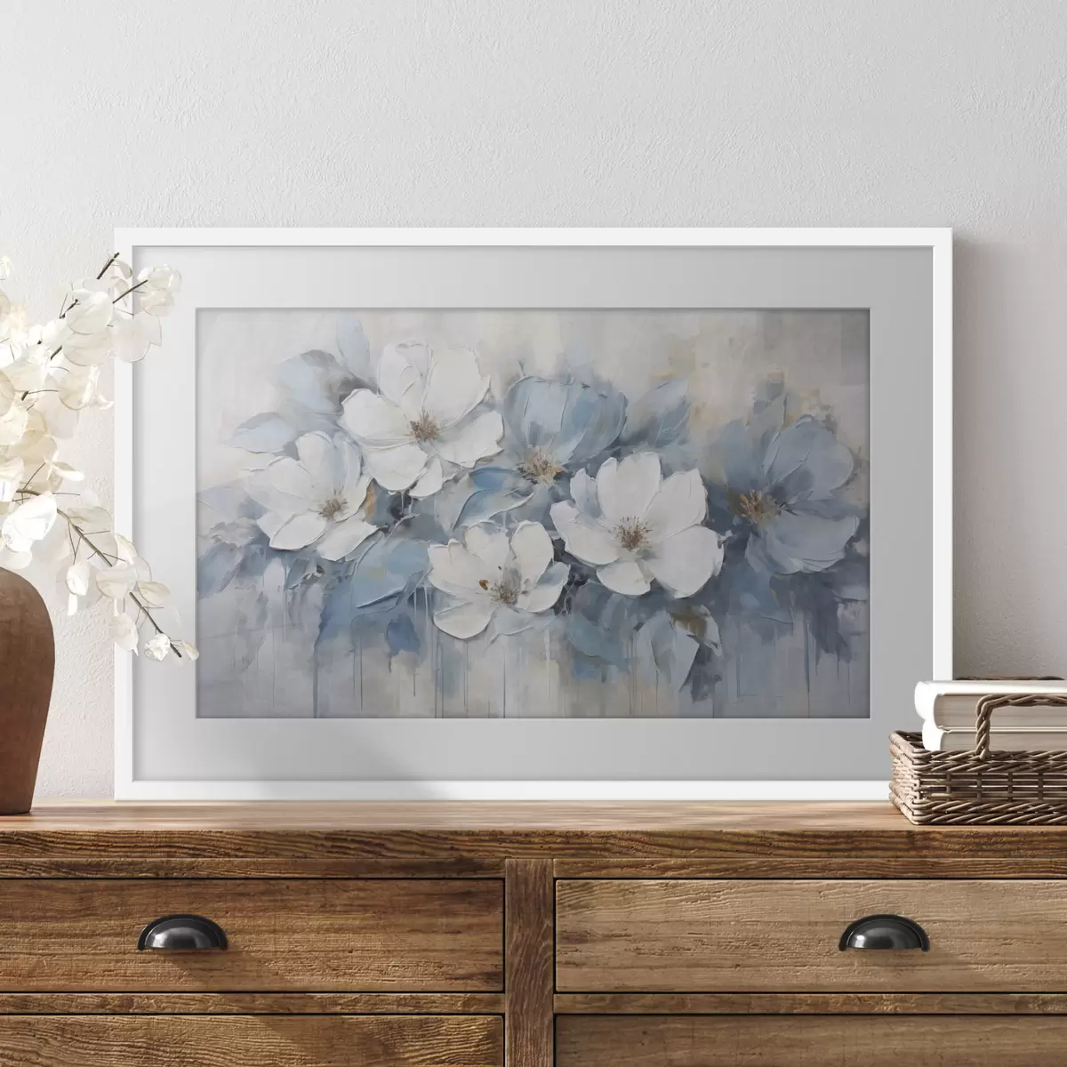 Poster Flores blancas y trazos azules f44395