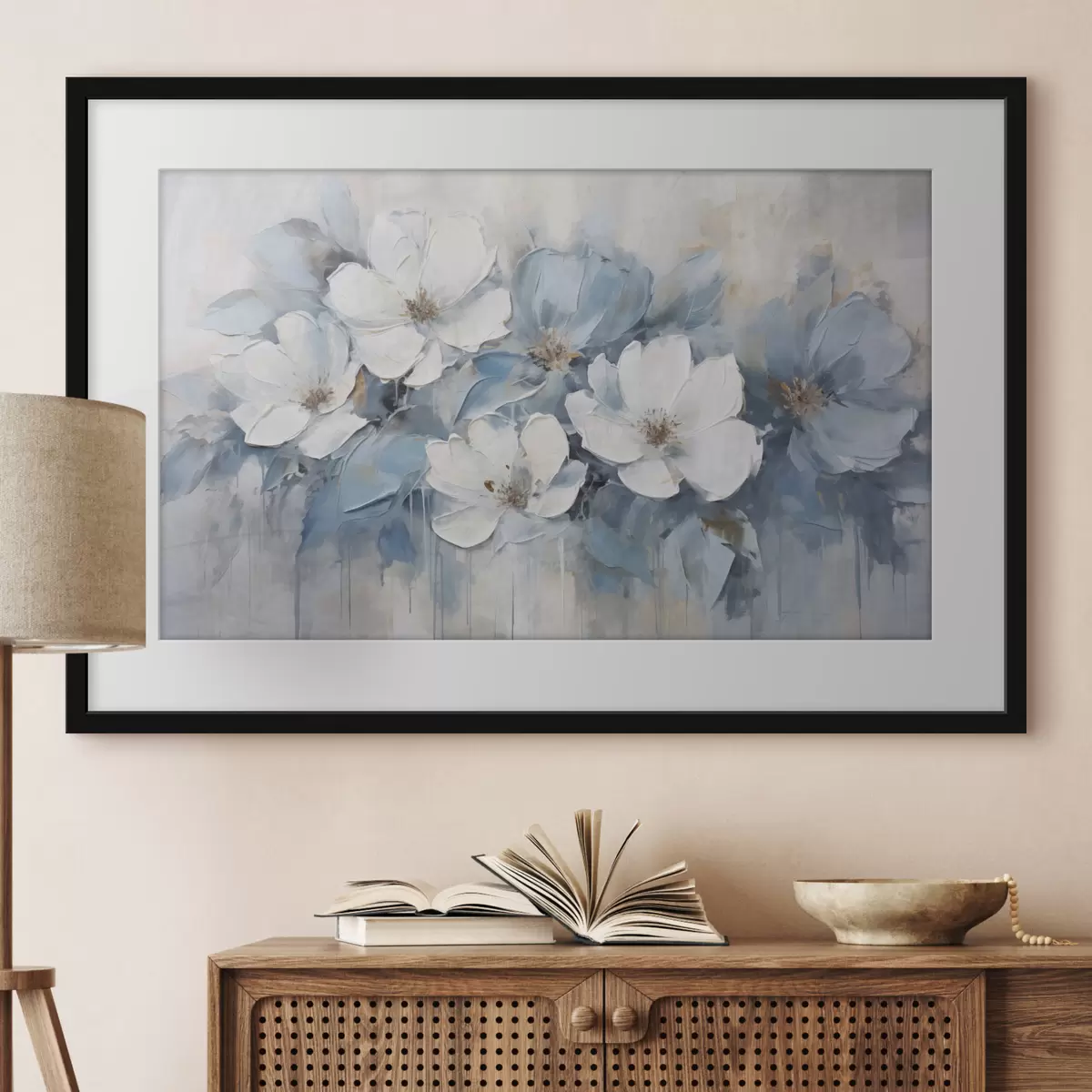 Poster Flores blancas y trazos azules f44395