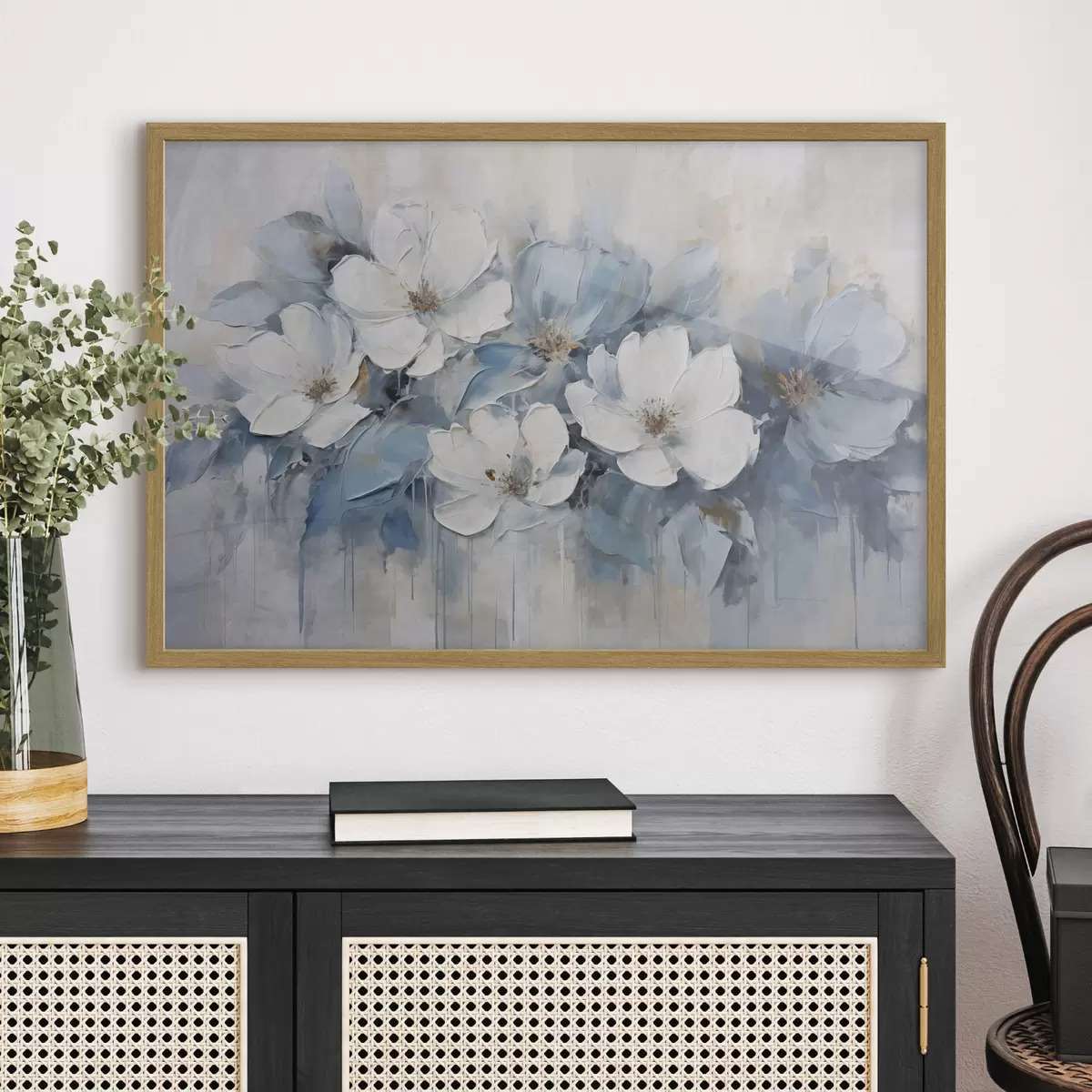Poster Flores blancas y trazos azules f44395