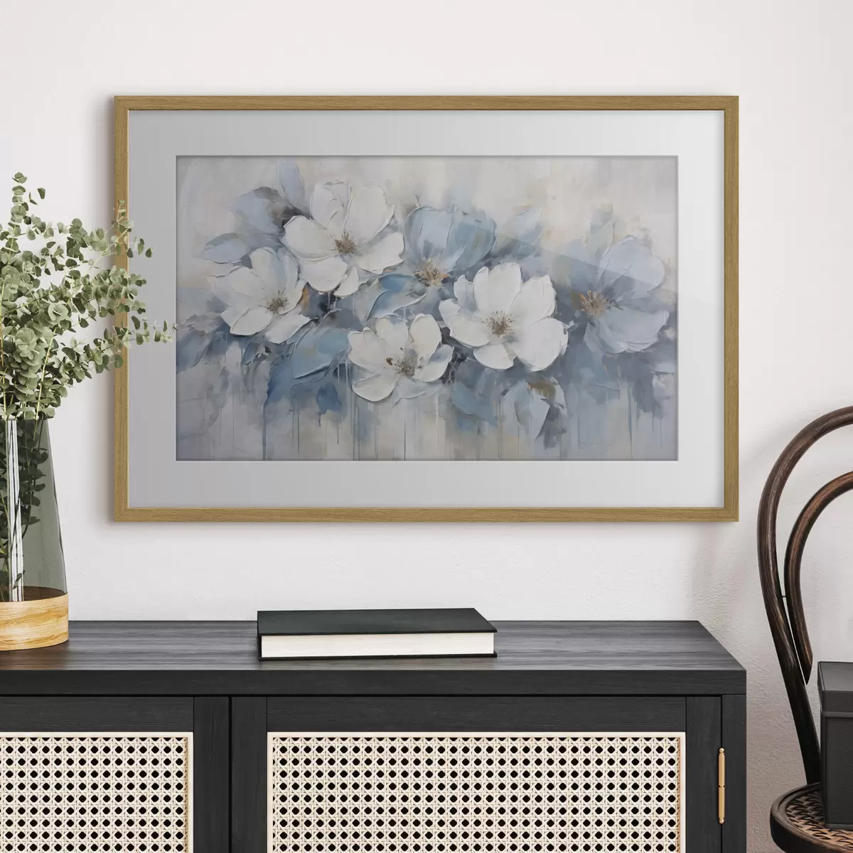 Poster Flores blancas y trazos azules f44395
