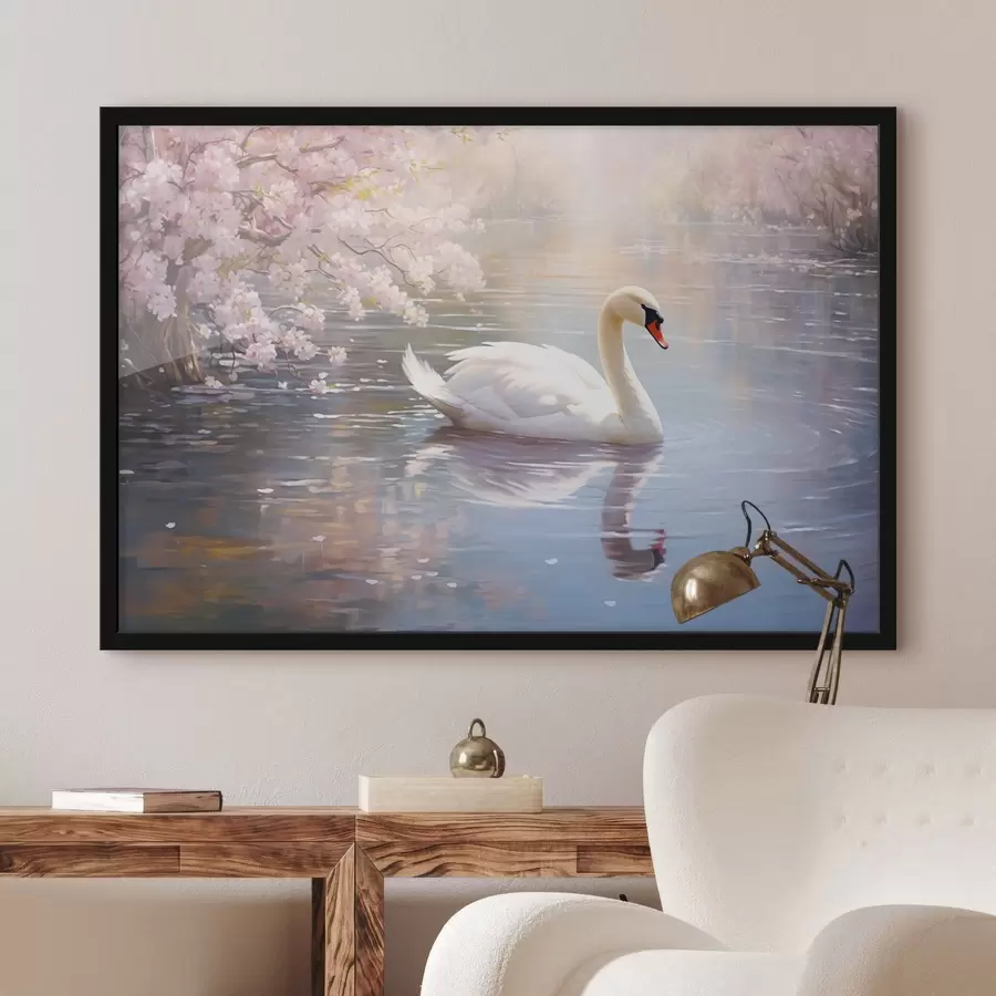 murales de pared Un cisne blanco nadando en un lago con cerezos en flor, colores pastel f44396
