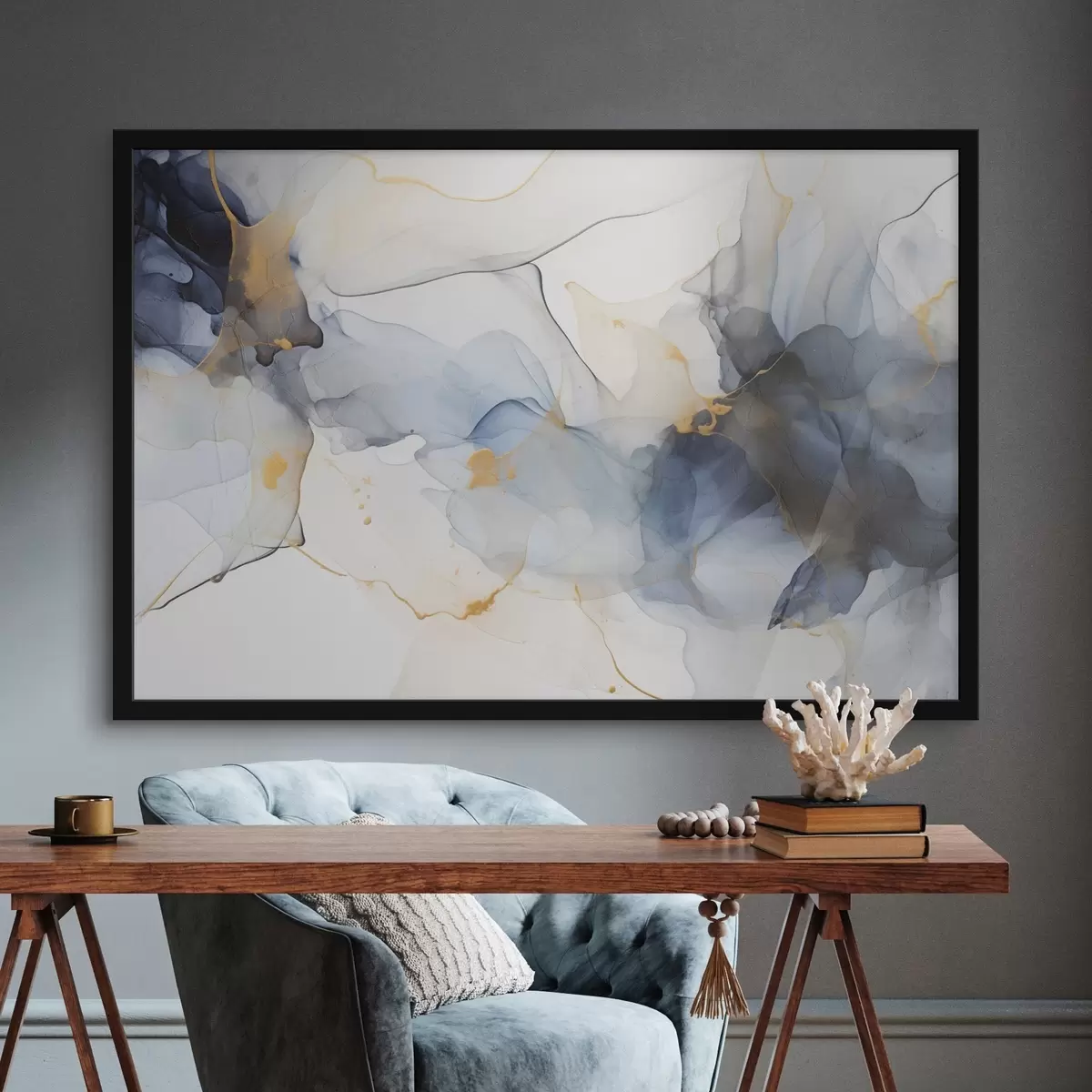 Poster Pintura abstracta con tinta azul, formas fluidas y orgánicas, texturas delicadas sobre fondo blanco f44397