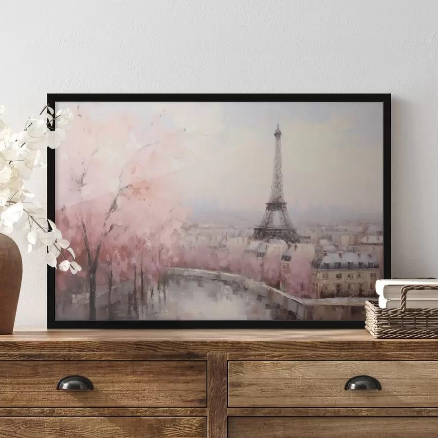 murales de pared Torre Eiffel en París con cerezos en flor en primavera, suaves colores pastel f44398