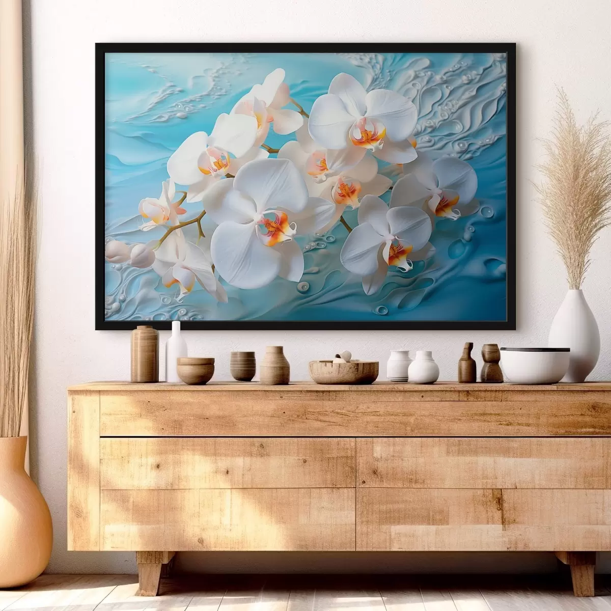 Poster Orquídeas blancas, dispuestas sobre una superficie azul claro con gotas de agua, iluminación suave f44401