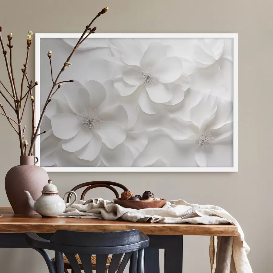 murales de pared Flores decorativas blancas con pétalos delicados y estambres intrincados f44406