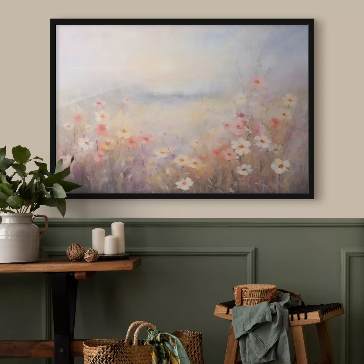 Poster Paisaje soleado texturizado de campo de flores, suaves colores pastel, atmósfera de ensueño f44408