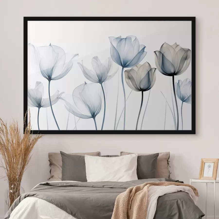 murales de pared Tulipanes azules y blancos translúcidos con tallos largos, sobre fondo blanco liso f44409
