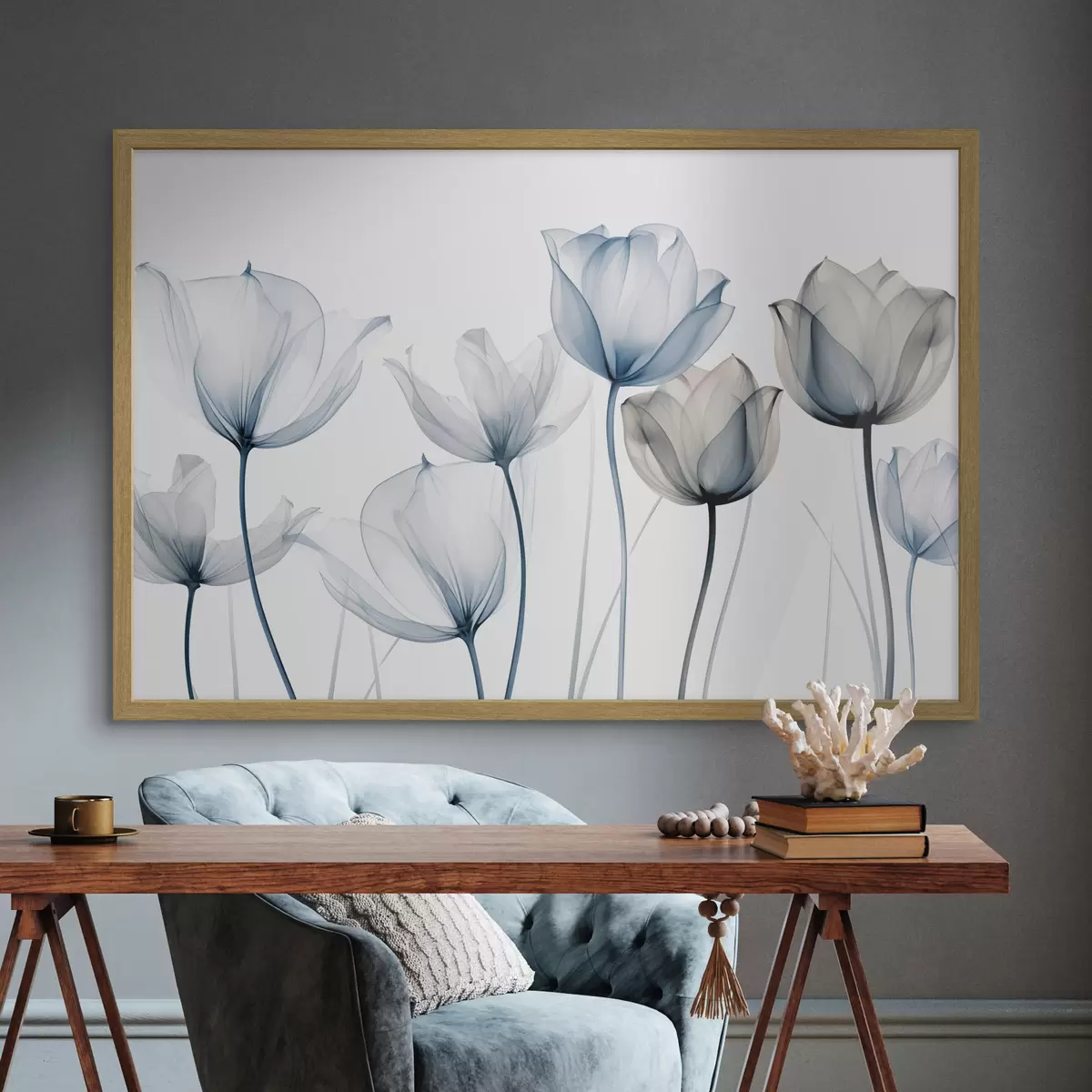 Poster Tulipanes azules y blancos translúcidos con tallos largos, sobre fondo blanco liso f44409