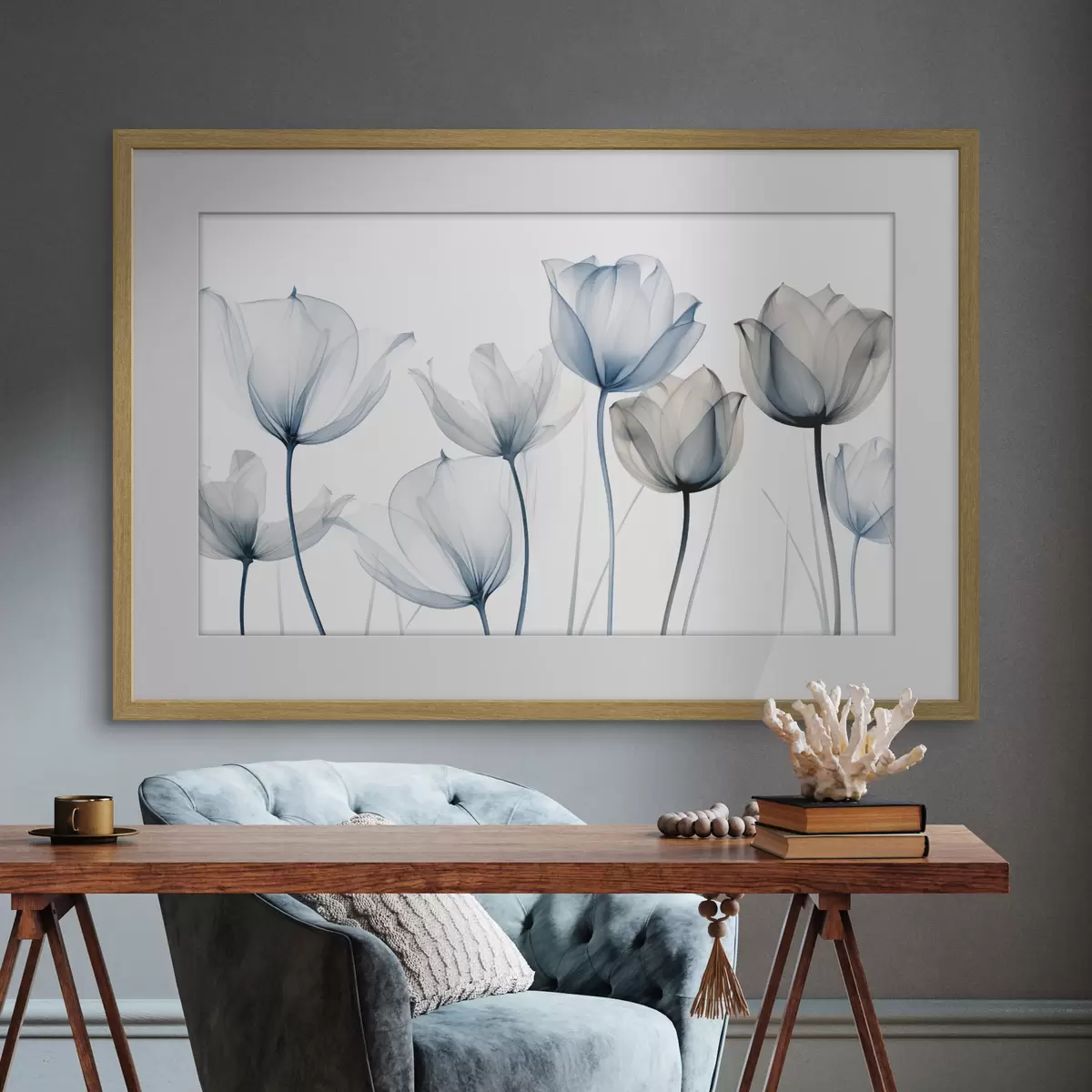 Poster Tulipanes azules y blancos translúcidos con tallos largos, sobre fondo blanco liso f44409