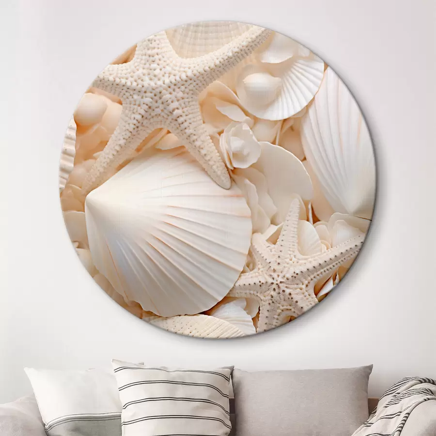 murales de pared Conchas y estrellas de mar blancas decorativas, que crean una composición monocromática con textura r44392