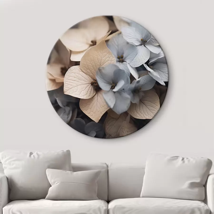 murales de pared Flores de hortensia, pétalos azul claro y beige, con texturas detalladas, elegante arreglo floral r44394