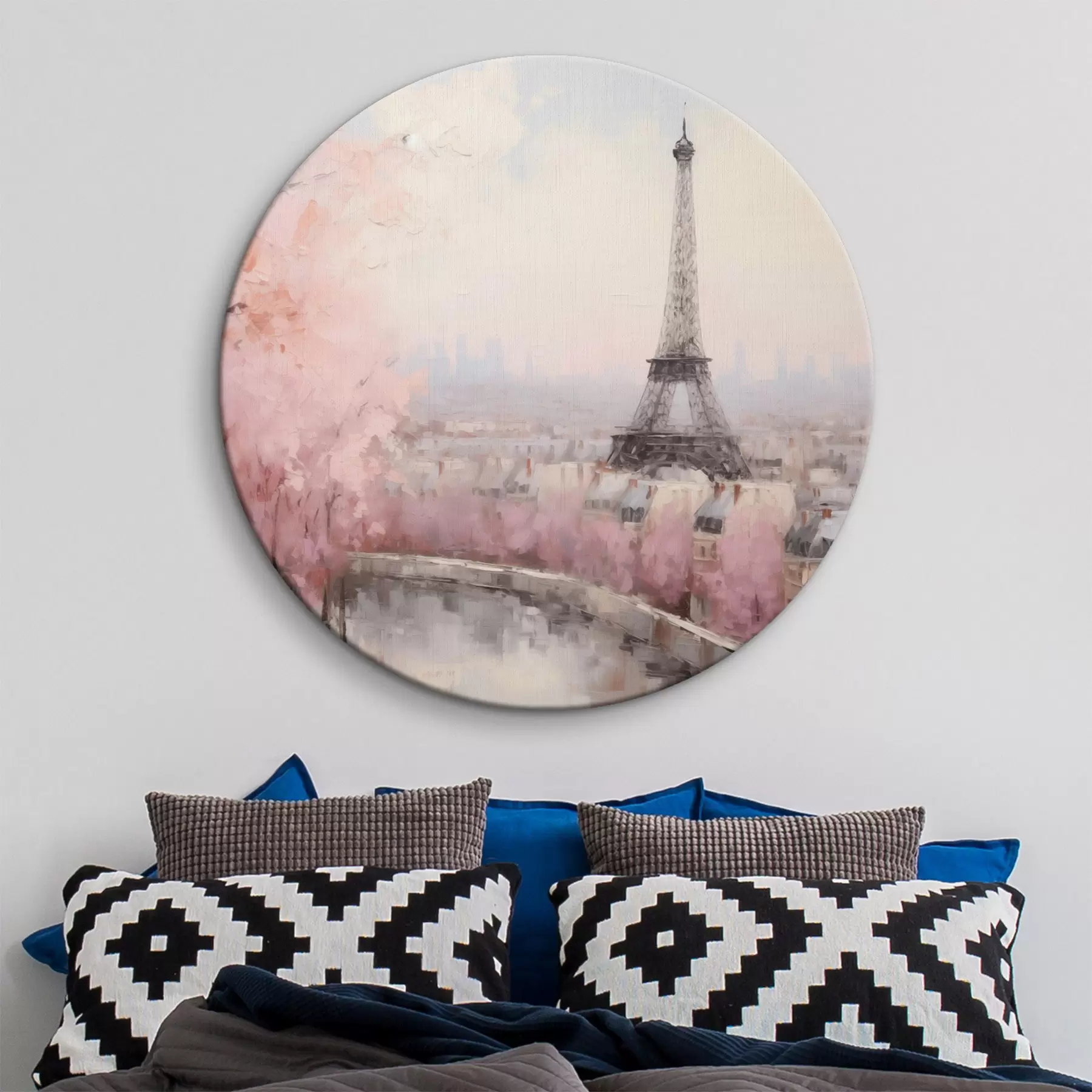 murales de pared Torre Eiffel en París con cerezos en flor en primavera, suaves colores pastel r44398