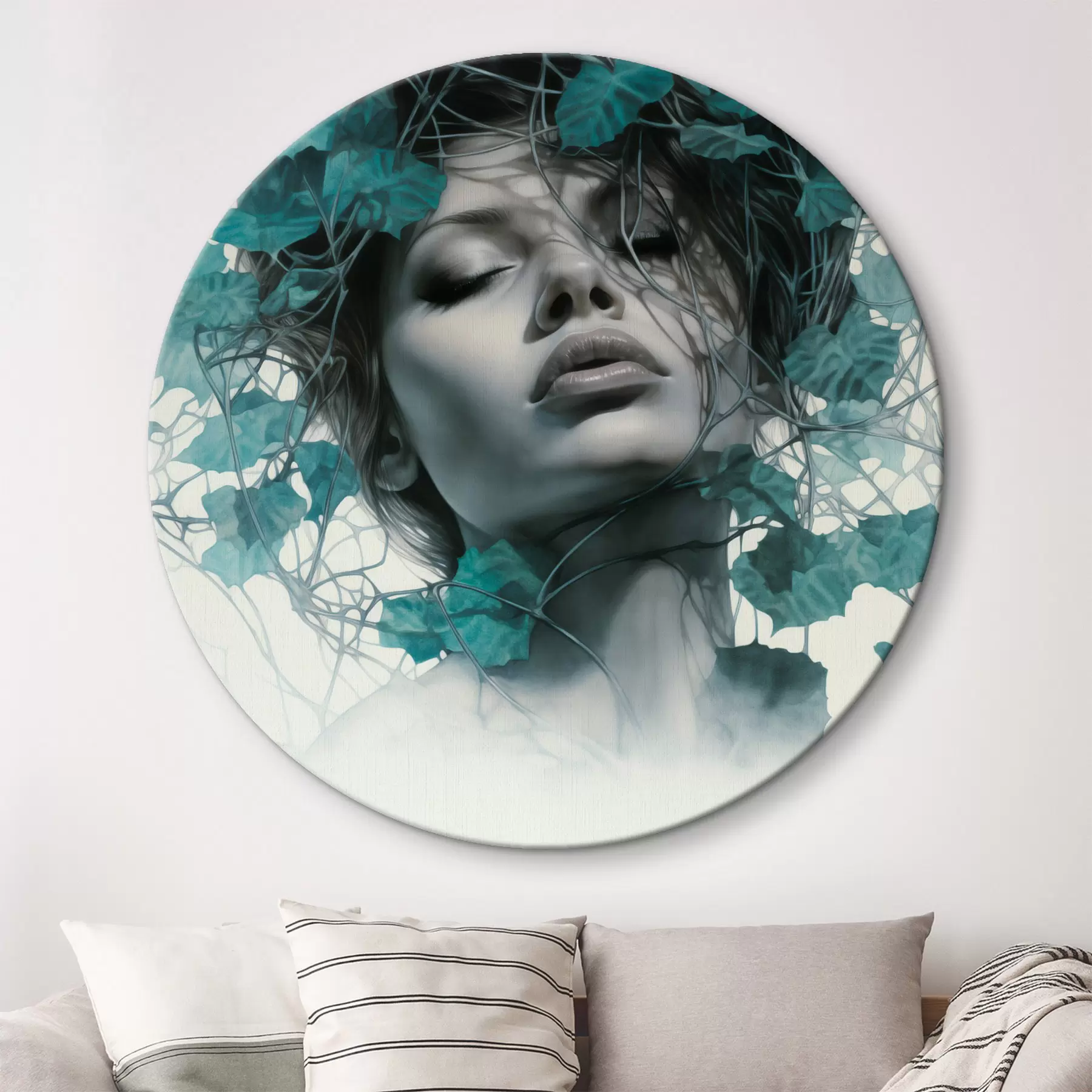 murales de pared Retrato de una mujer con los ojos cerrados, rodeada de hojas y ramas verdes r44399