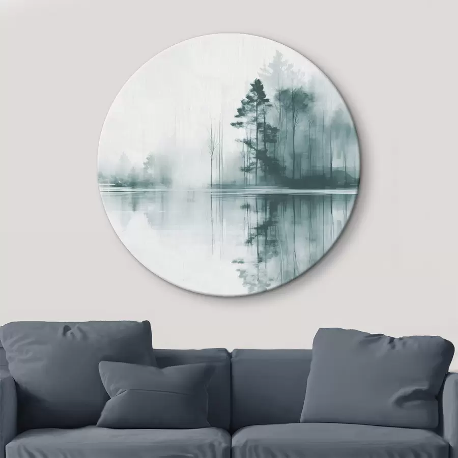 murales de pared Bosque abstracto con altos árboles reflejados en el agua, paleta de colores apagados r44403