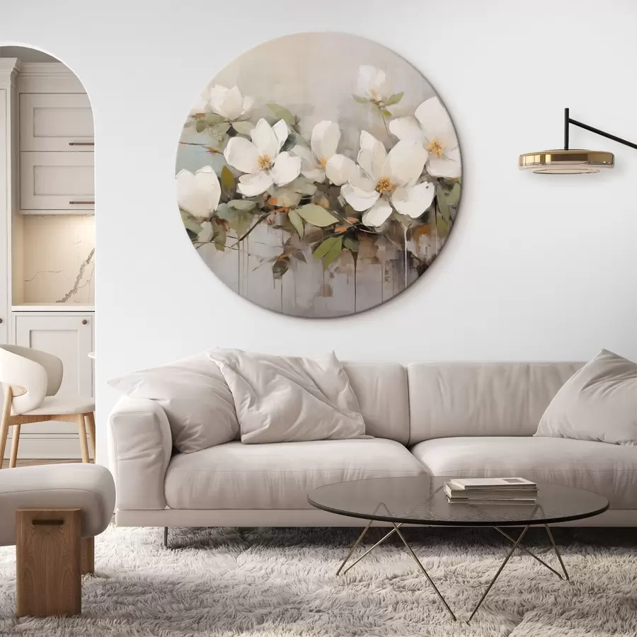 murales de pared Flores blancas de magnolia con hojas verdes en una rama, pinceladas suaves, colores apagados r44404