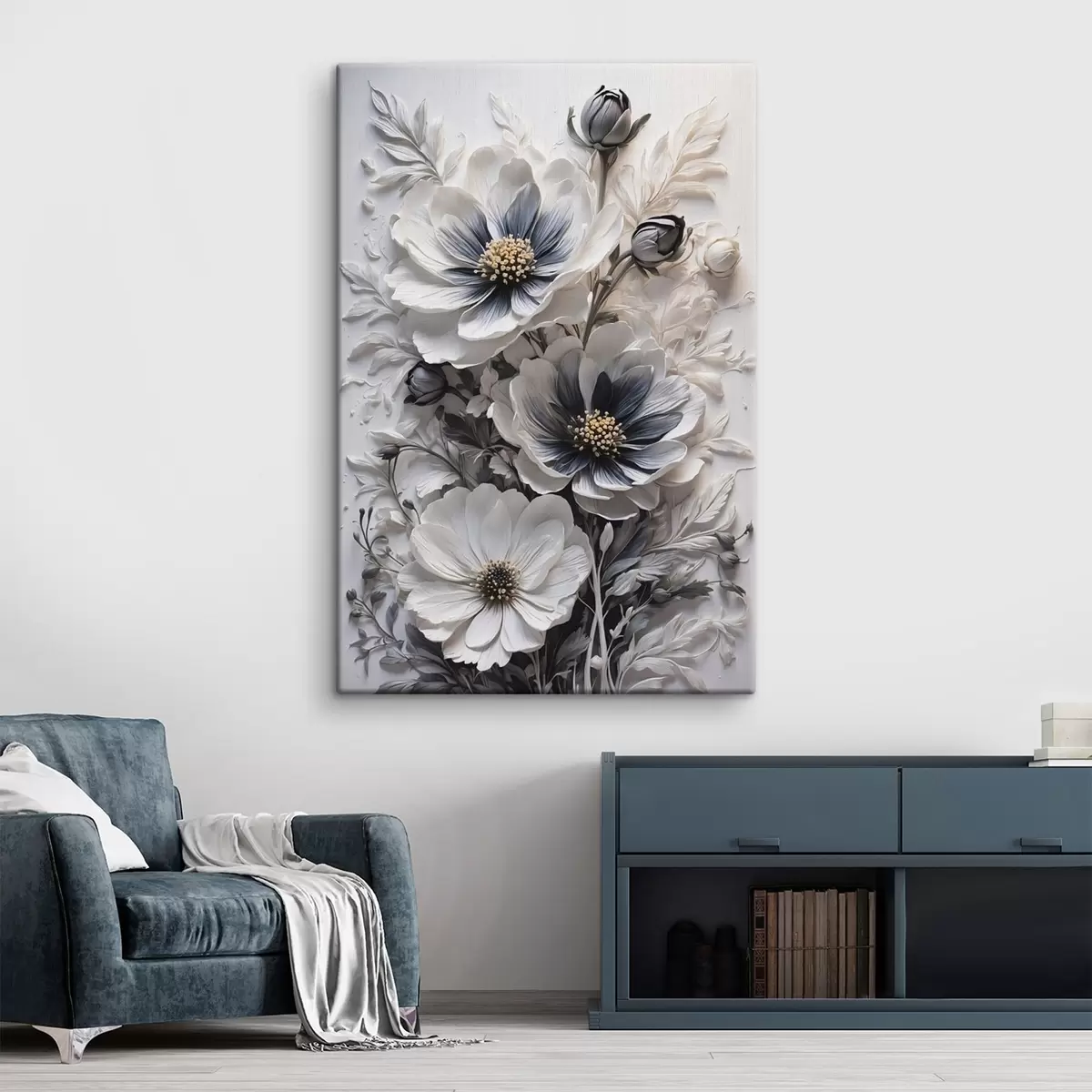 murales de pared Flores blancas y negras sobre fondo blanco s44446