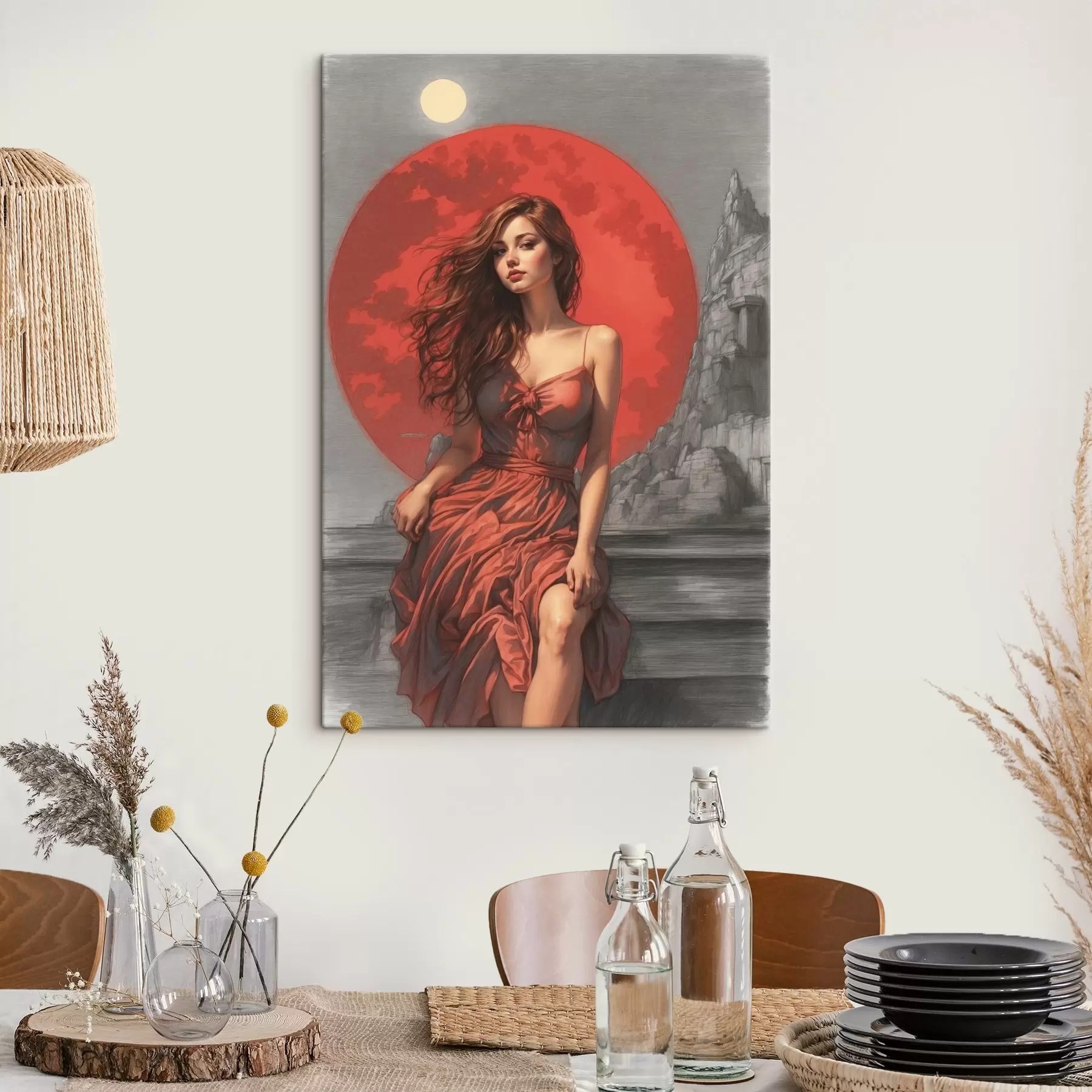 murales de pared Chica sobre fondo de luna roja s44448