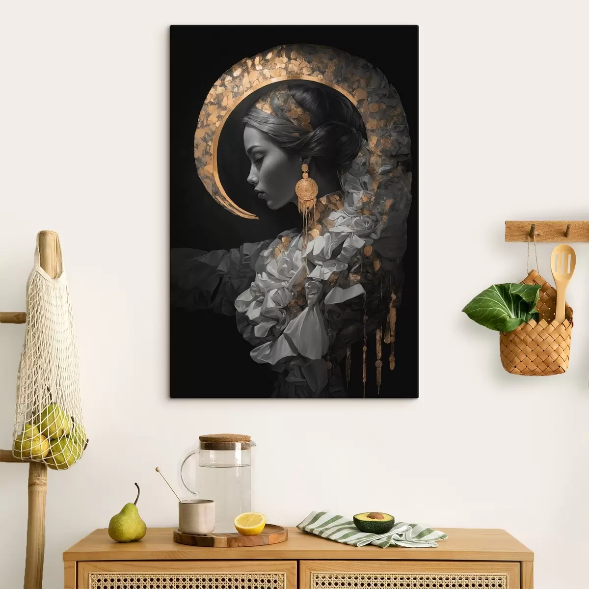 murales de pared Chica y luna creciente amarilla sobre fondo negro s44449