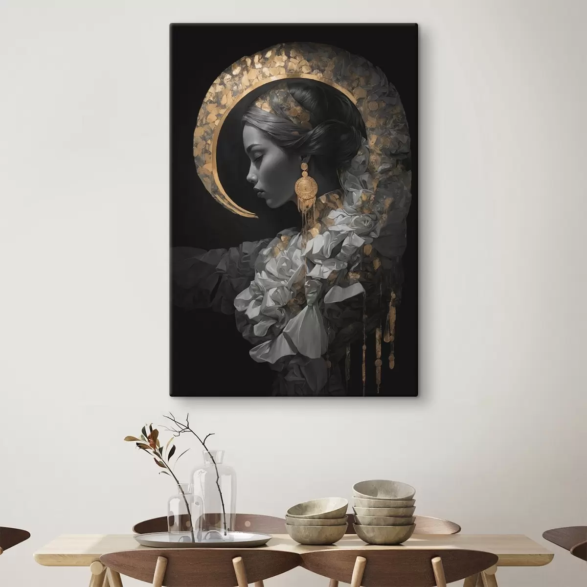 murales de pared Chica y luna creciente amarilla sobre fondo negro s44449