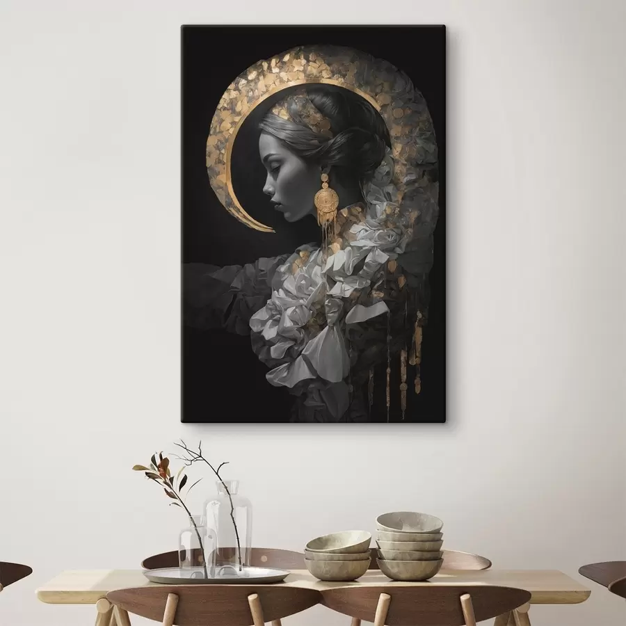 murales de pared Chica y luna creciente amarilla sobre fondo negro s44449