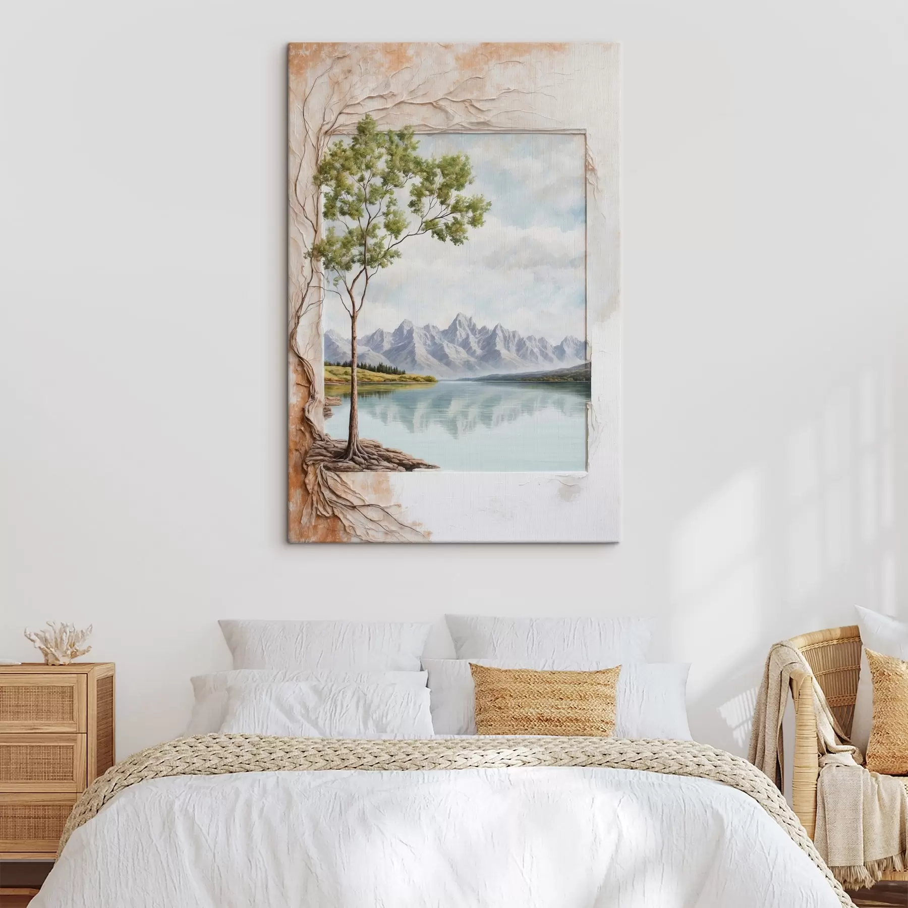 murales de pared Vista sobre el lago y montañas nevadas en el encuadre s44458