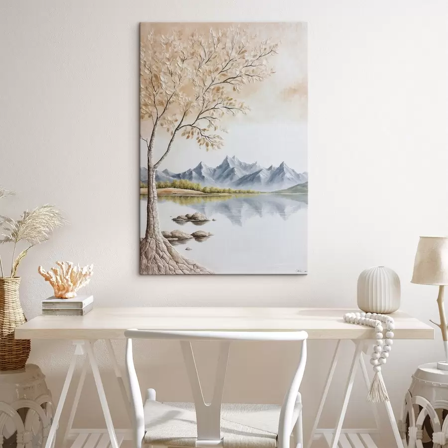 murales de pared Árbol sobre lago y montañas nevadas de fondo s44459