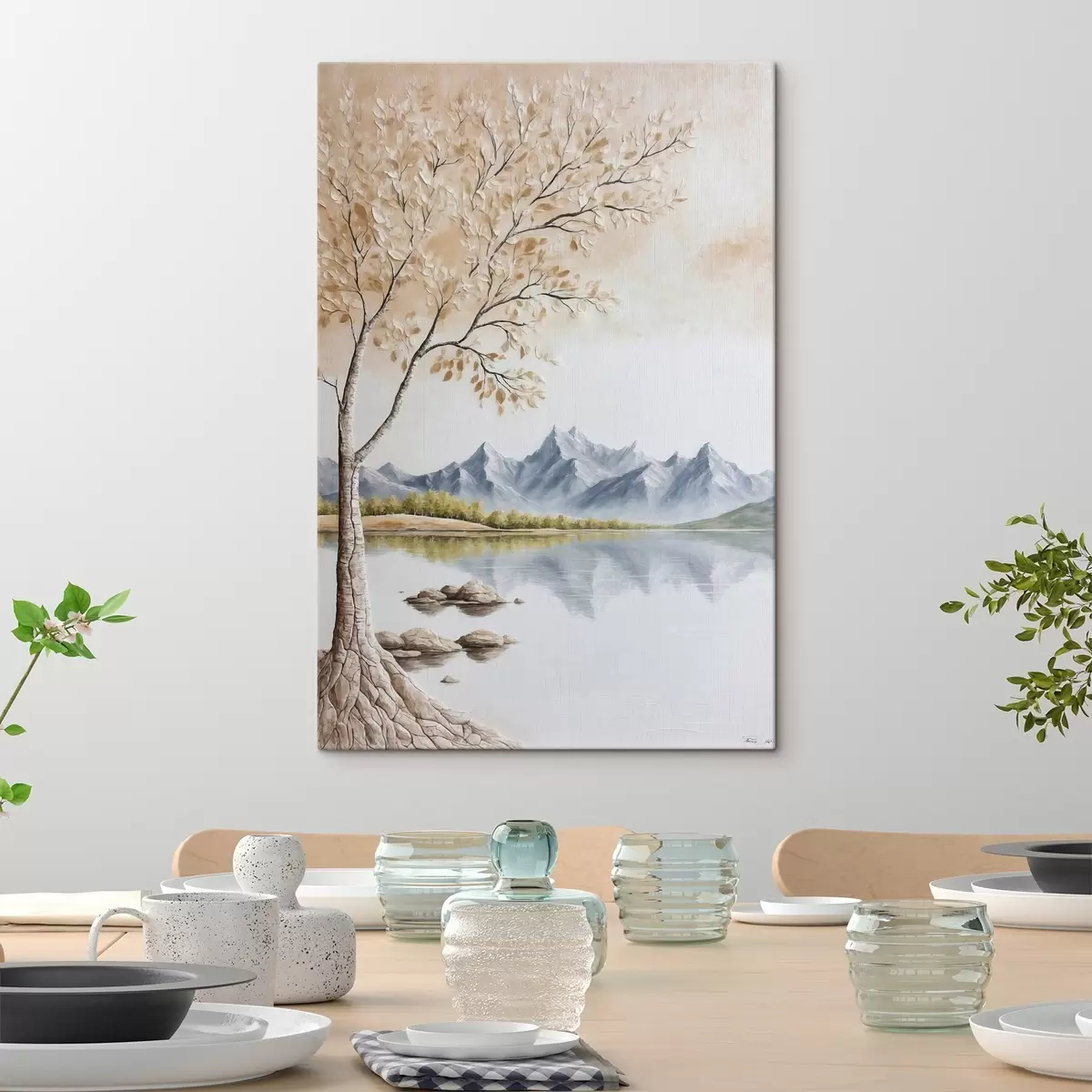 murales de pared Árbol sobre lago y montañas nevadas de fondo s44459